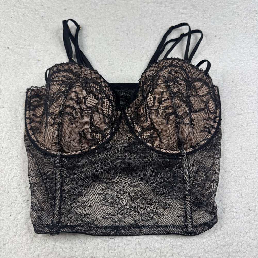 Victoria's Secret 32DD Bra Bustier Very Sexy Corset Black‎ Sheer Lace Zip